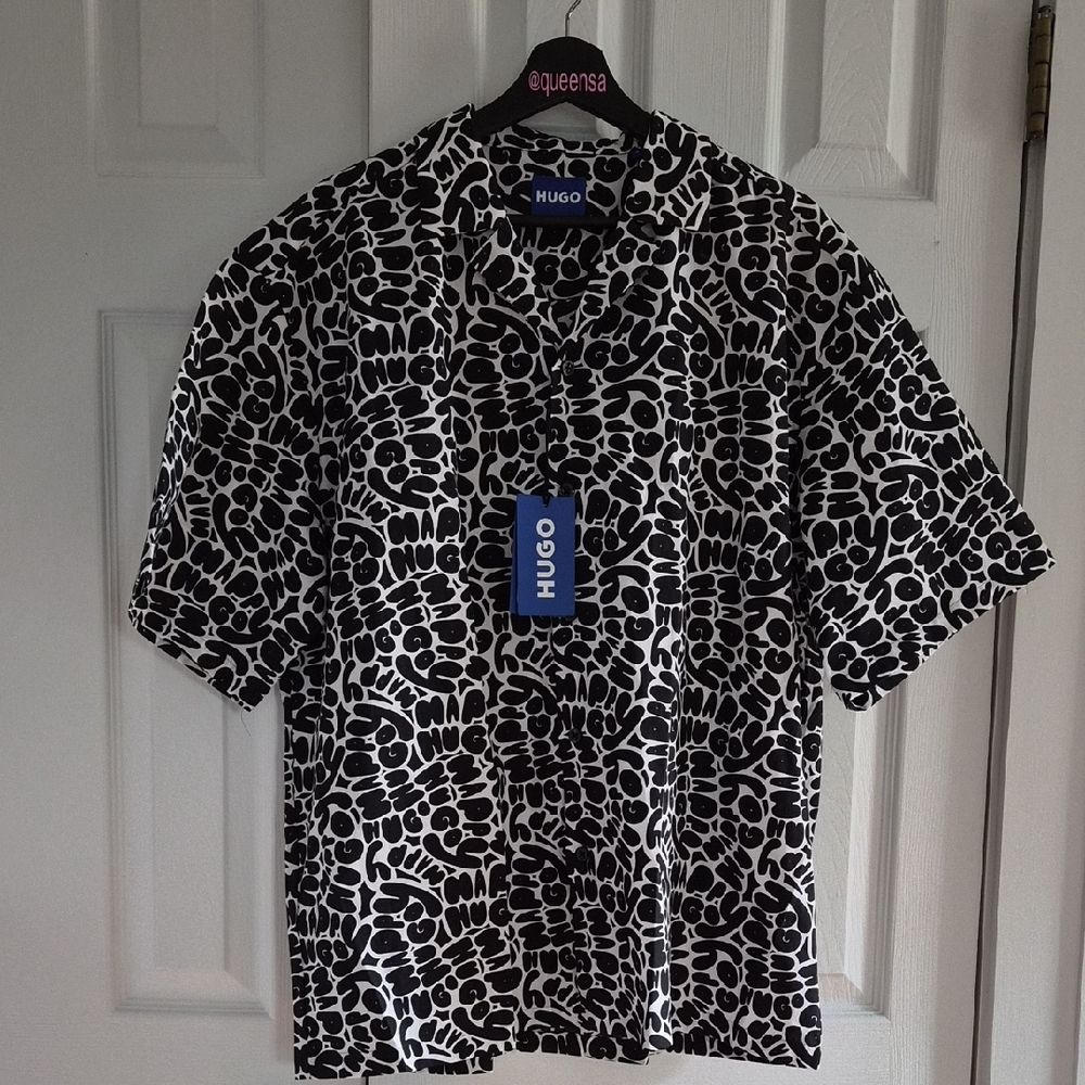 HUGO Boss Eligino Button-Up Resort Shirt In Monochrome Black & White Size XL - Picture 2 of 10